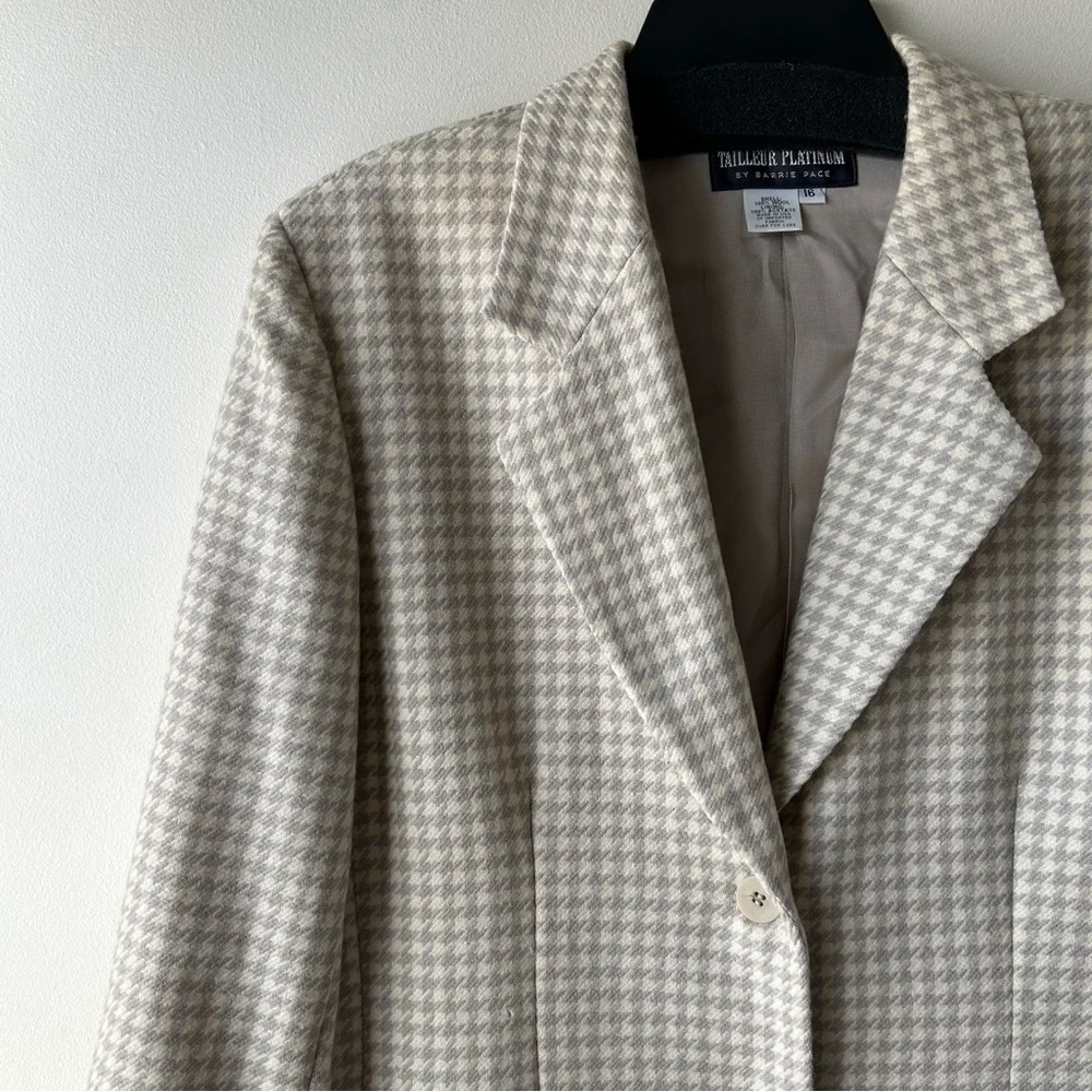 Tailleur Platinum by Barrie Pace Vintage 100% Wool Blazer Houndstooth Cream 16
